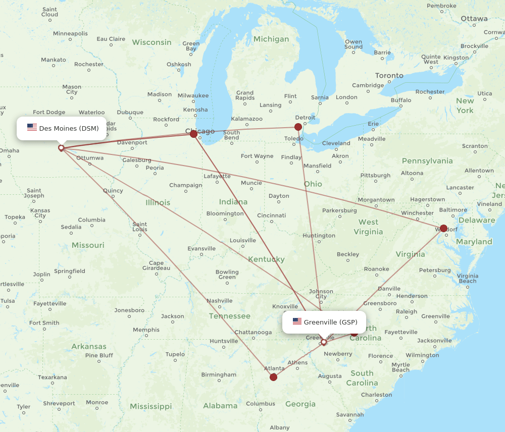 DSM-GSP flight routes