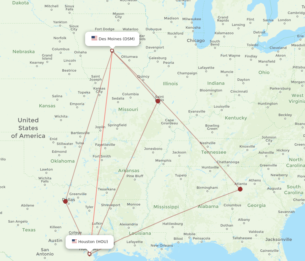 DSM-HOU flight routes