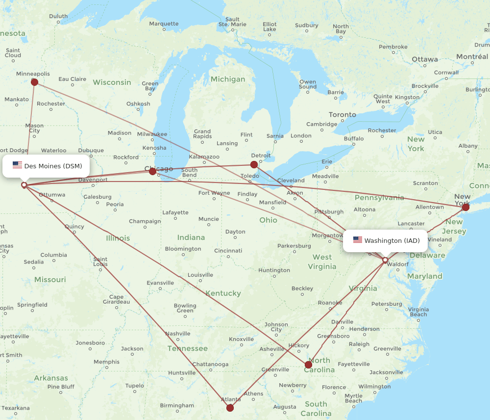 DSM to IAD flights and routes map