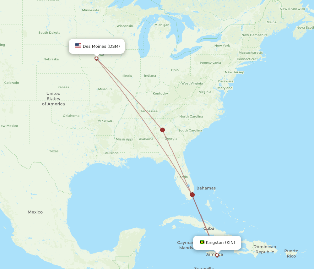 DSM to KIN flights and routes map