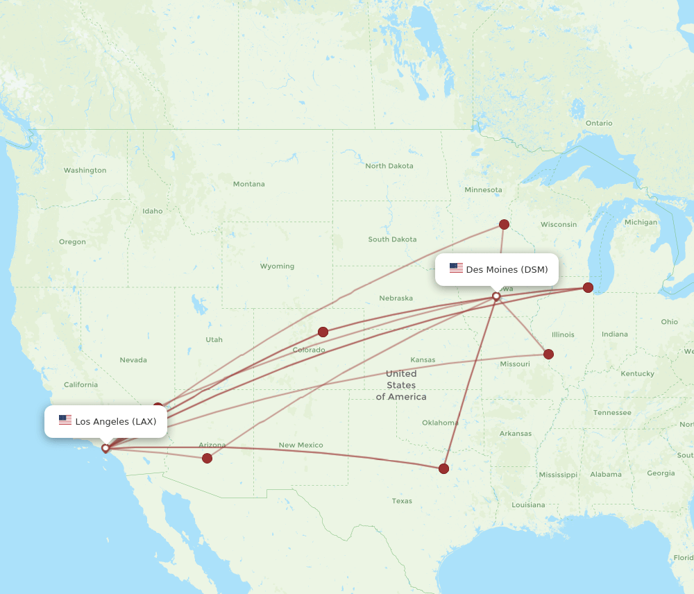 DSM to LAX flights and routes map