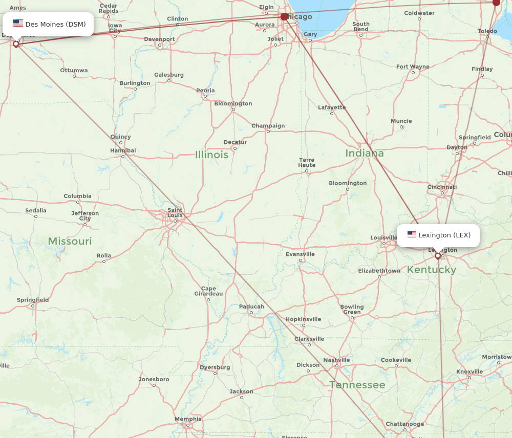DSM to LEX flights and routes map