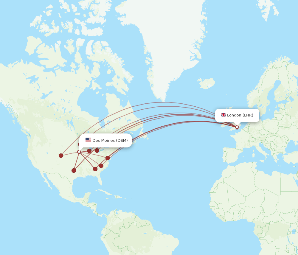 DSM to LHR flights and routes map