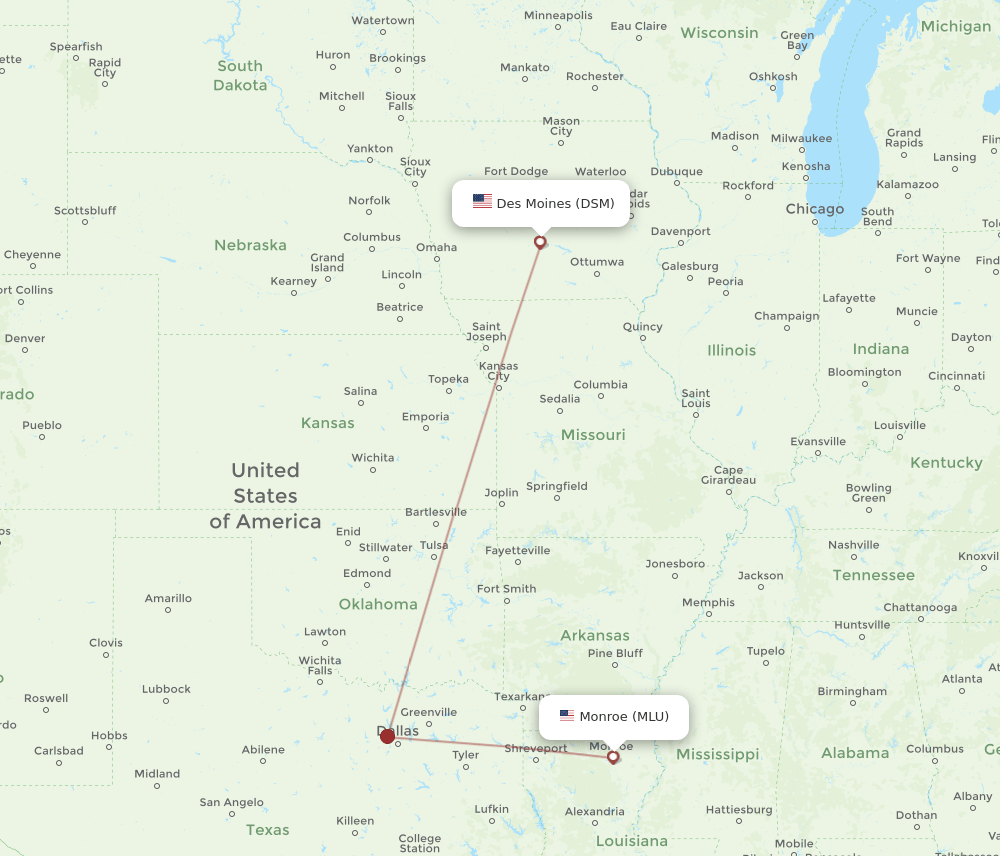DSM-MLU flight routes