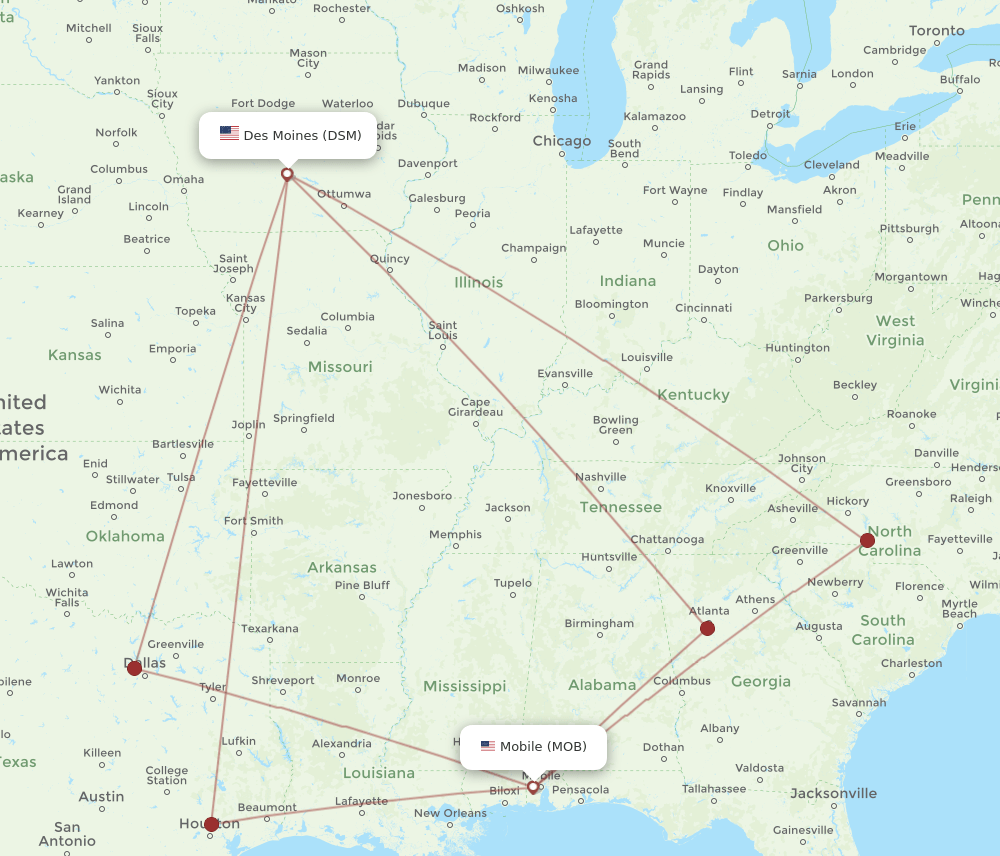 DSM to MOB flights and routes map