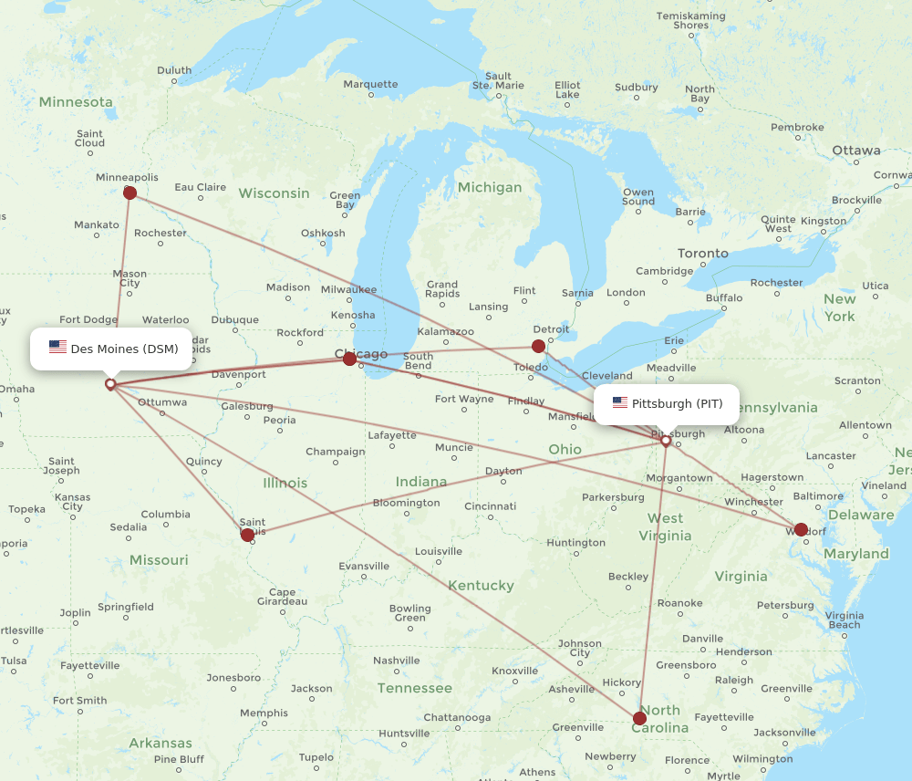 DSM to PIT flights and routes map
