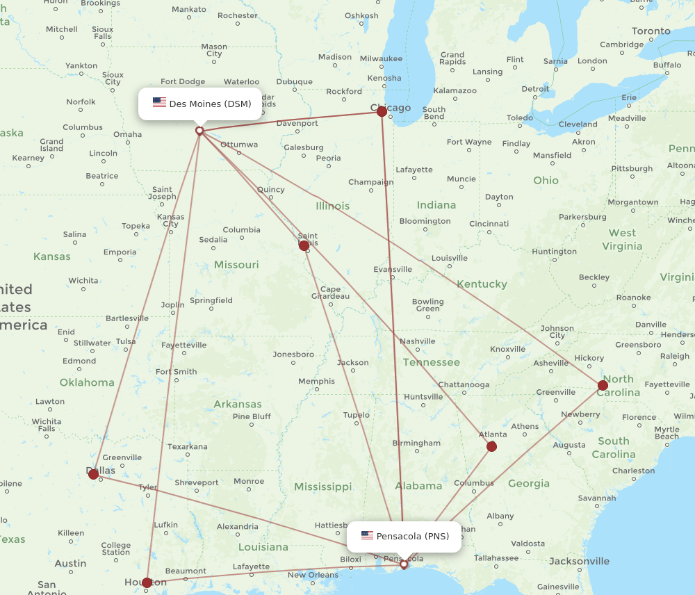 DSM-PNS flight routes