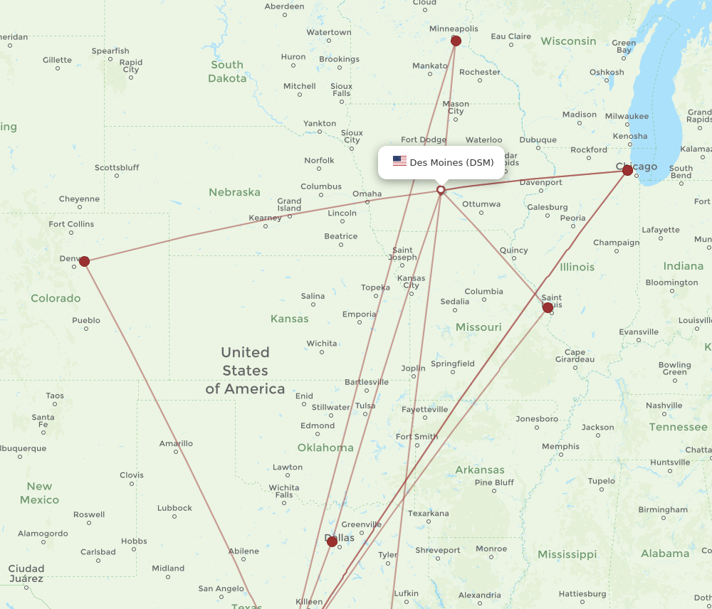 DSM to SAT flights and routes map