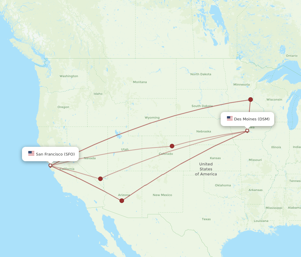 DSM-SFO flight routes
