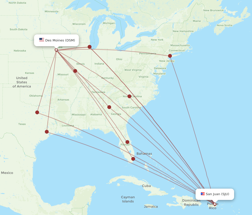 DSM to SJU flights and routes map