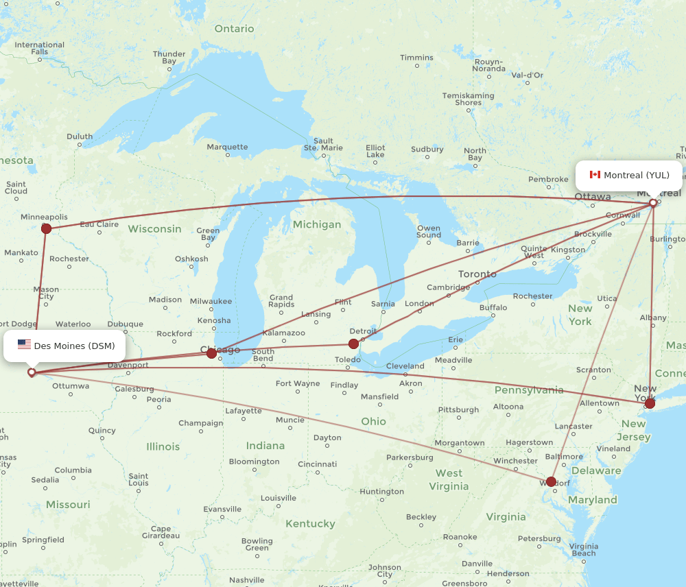 DSM-YUL flight routes