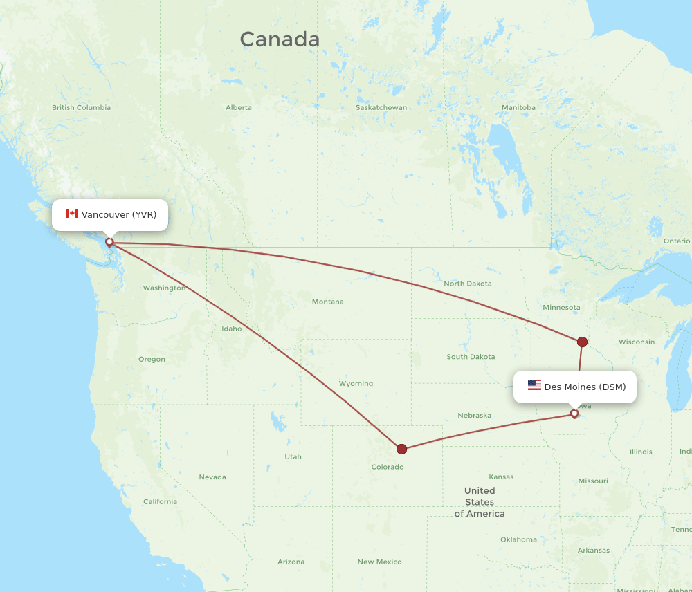 Vancouver - Des Moines route map and flight paths