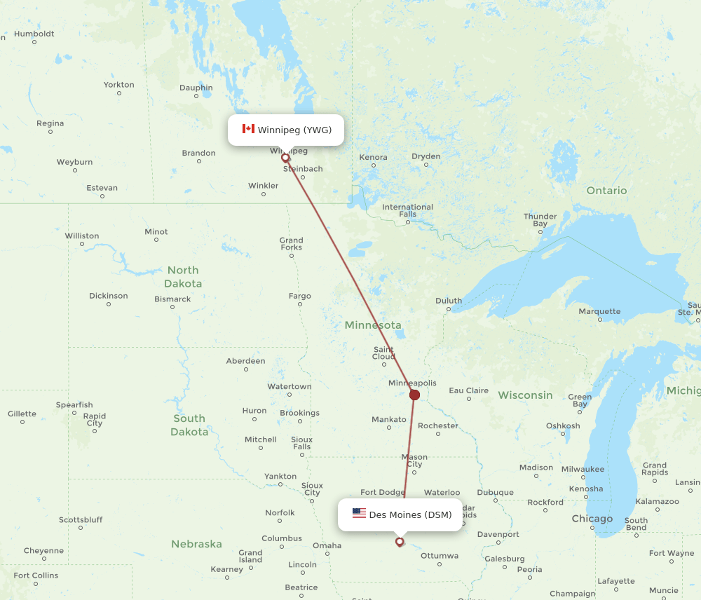 Winnipeg - Des Moines route map and flight paths