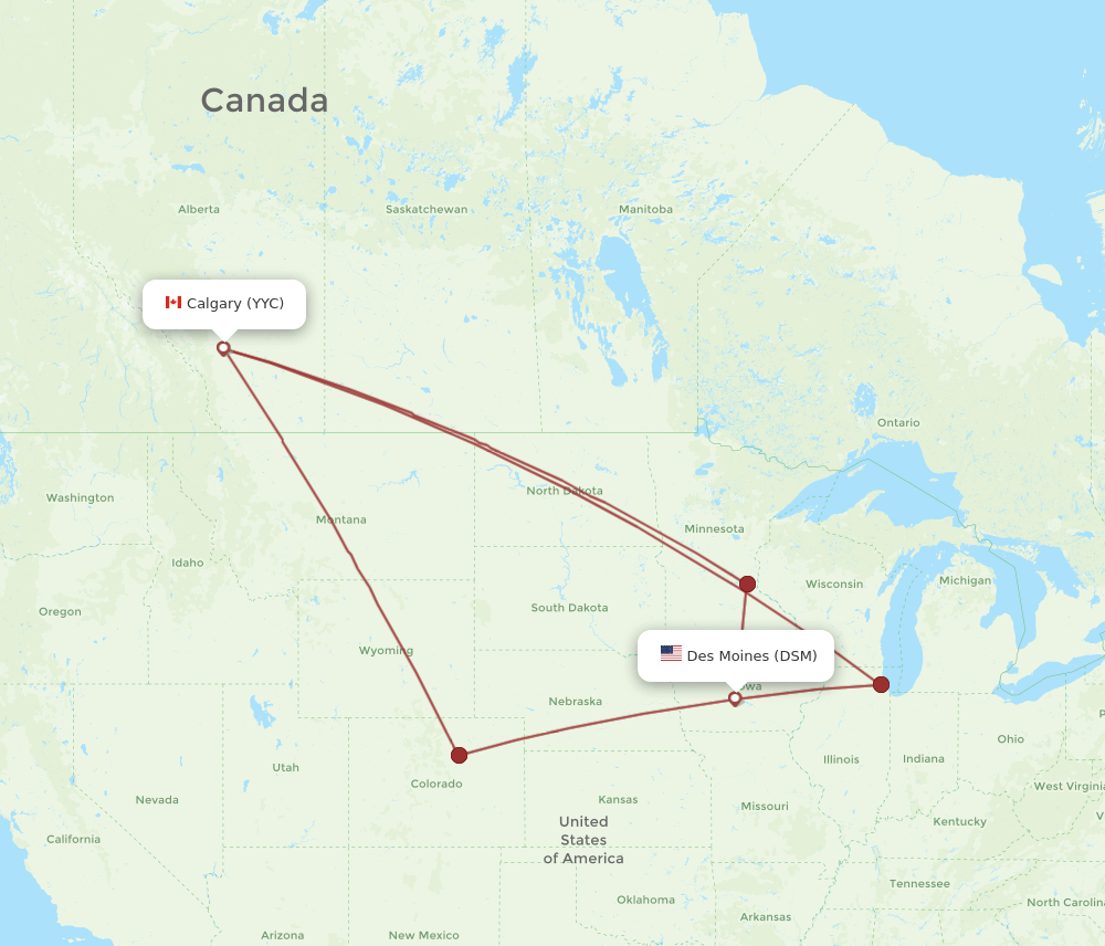 Calgary - Des Moines route map and flight paths