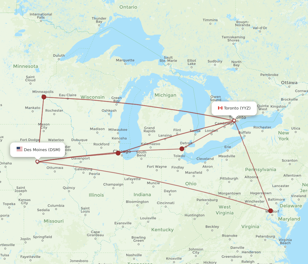 Toronto - Des Moines route map and flight paths