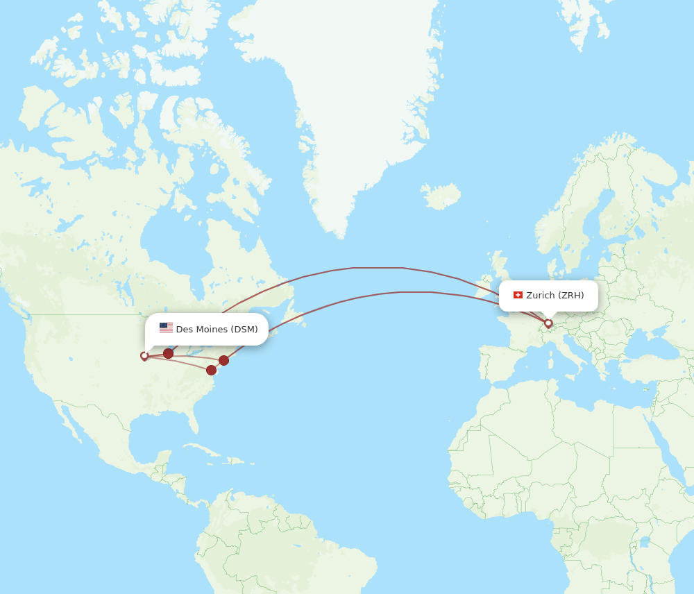 ZRH to DSM flights and routes map
