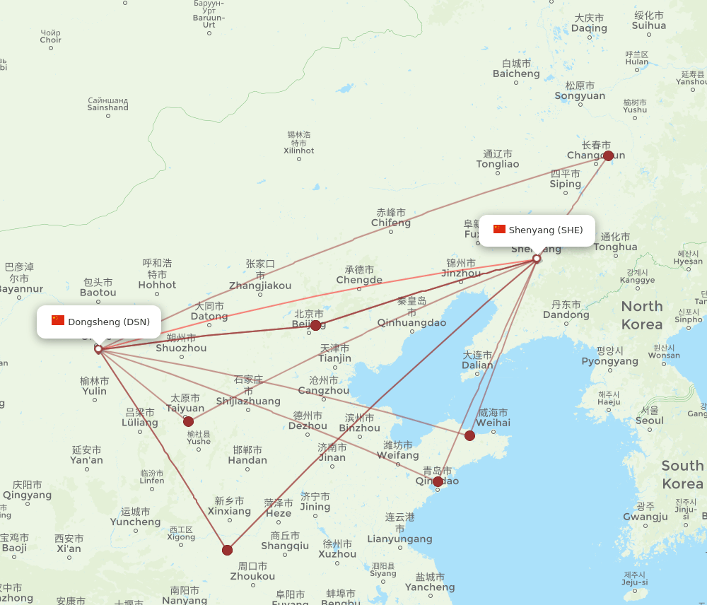 DSN to SHE flights and routes map