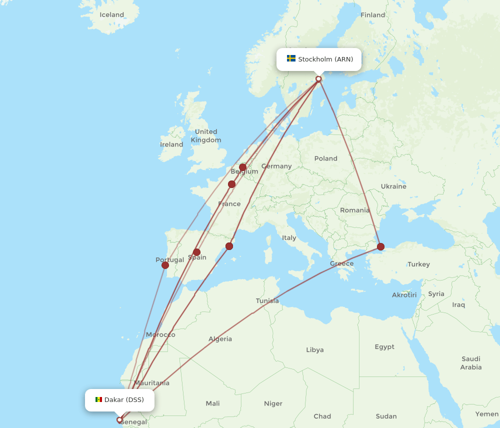 DSS to ARN flights and routes map