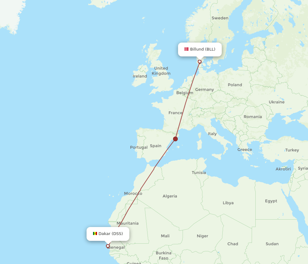Billund - Dakar route map and flight paths