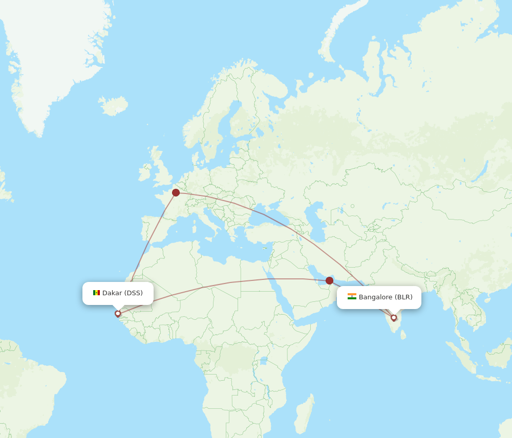 Bengaluru - Dakar route map and flight paths