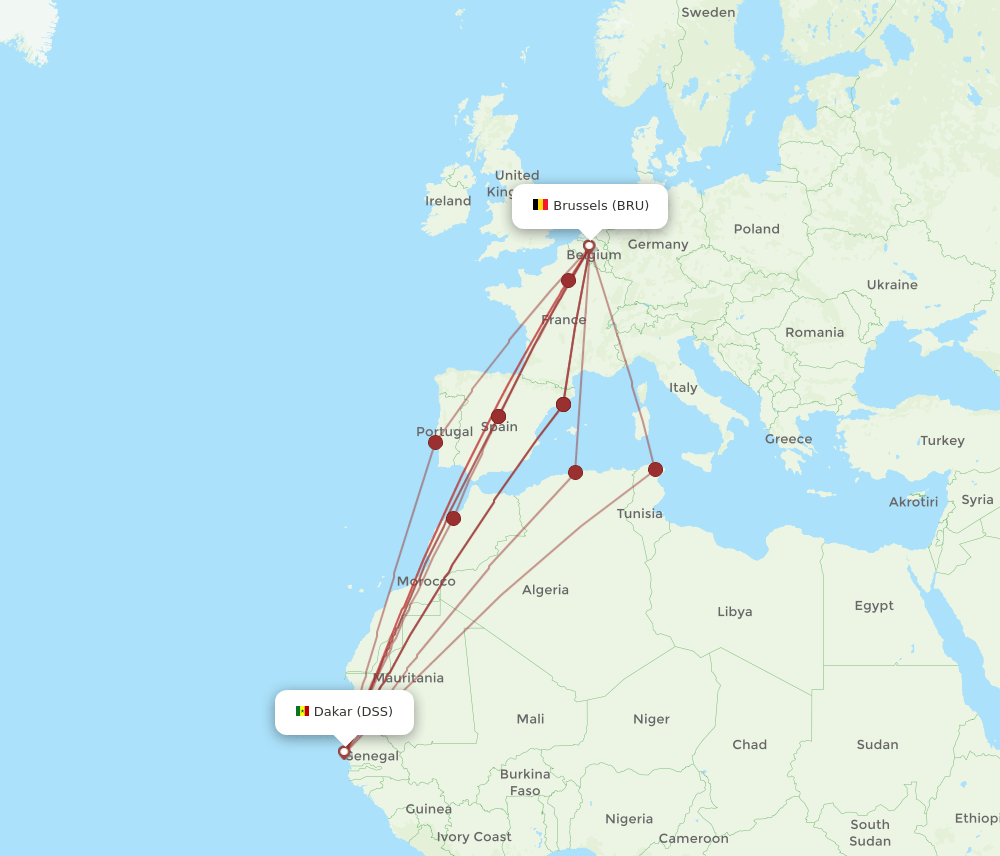 DSS to BRU flights and routes map