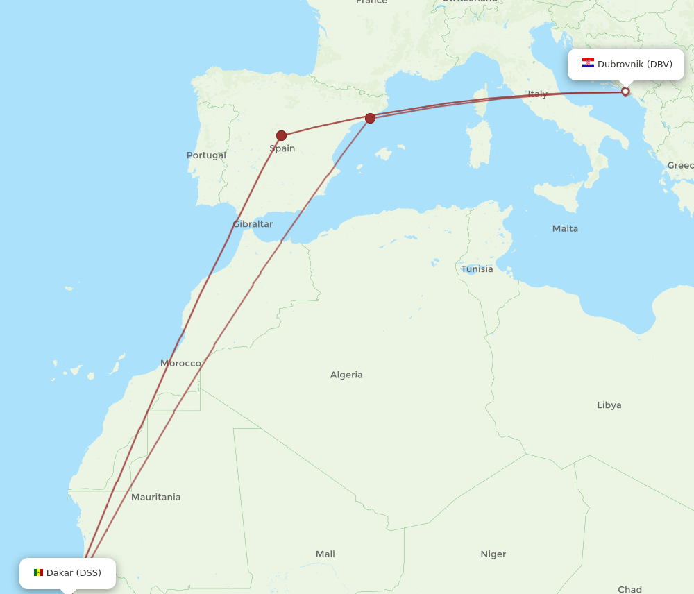 DSS to DBV flights and routes map