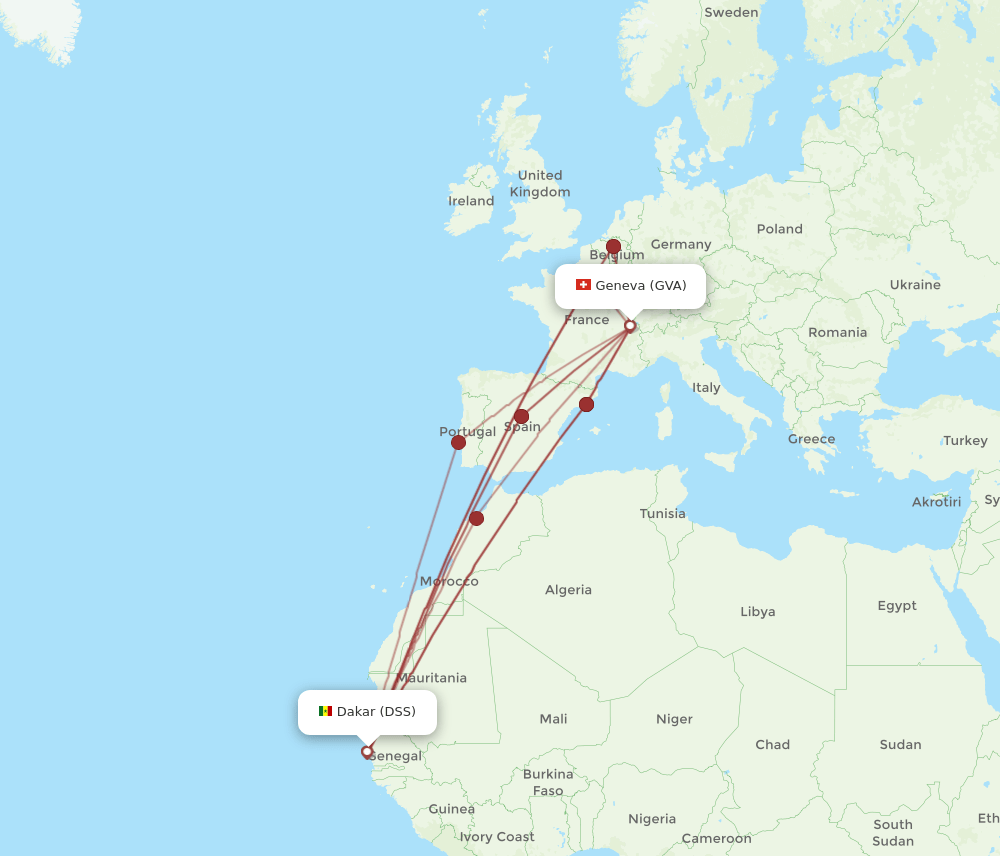 DSS to GVA flights and routes map