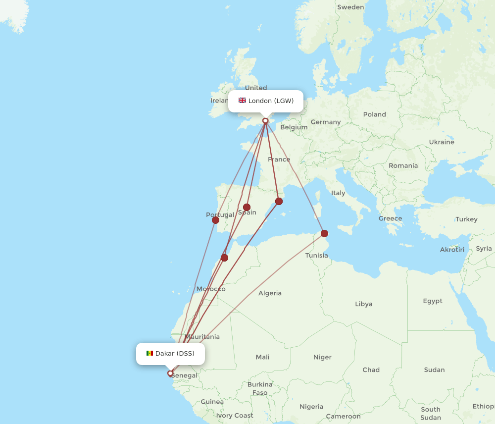 DSS-LGW flight routes