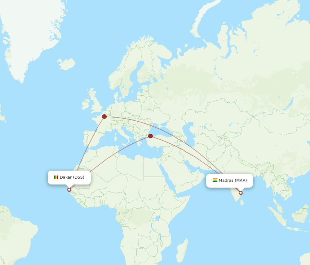 Chennai - Dakar route map and flight paths