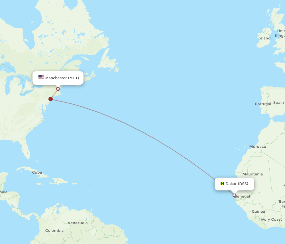 Dakar - Manchester route map and flight paths