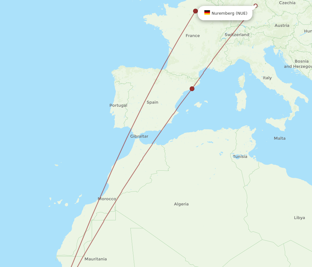 DSS to NUE flights and routes map