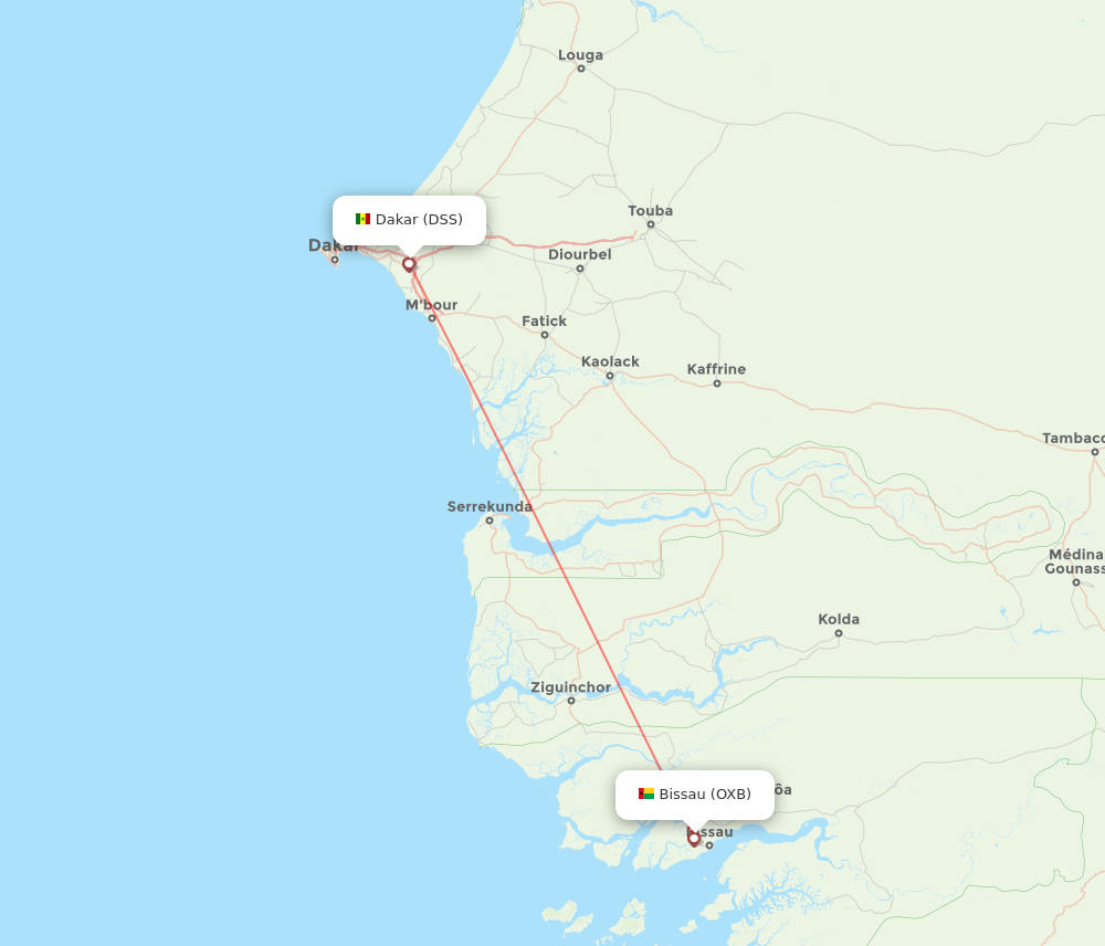 DSS to OXB flights and routes map