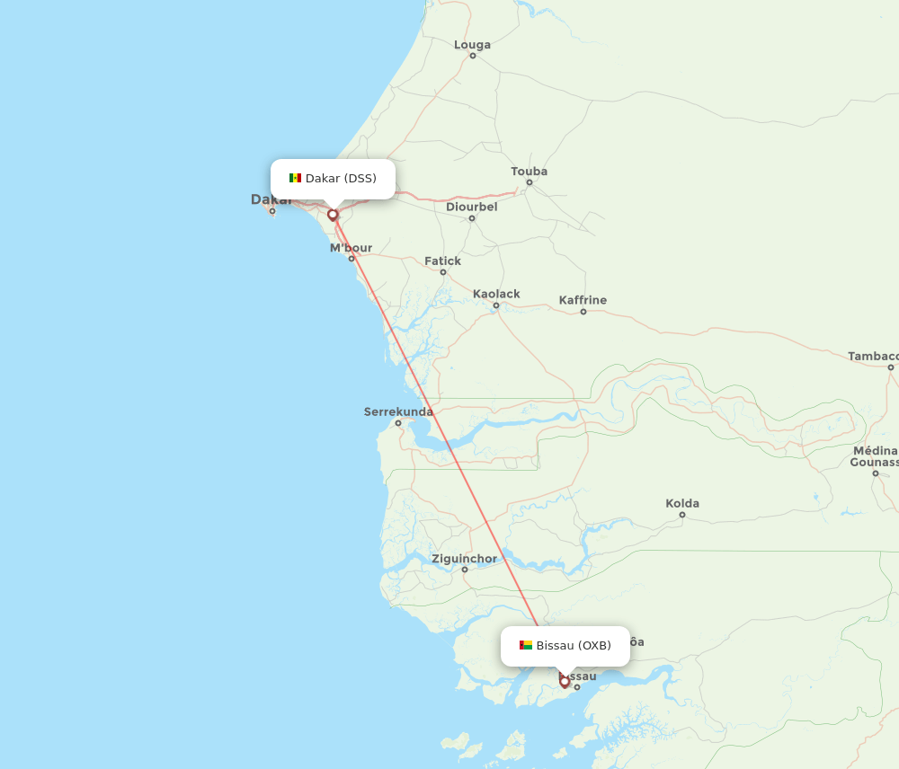 Dakar - Bissau route map and flight paths