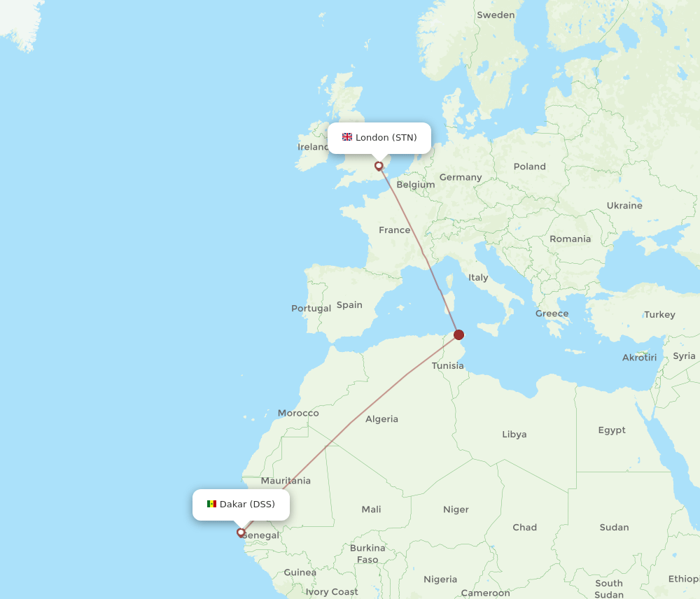 London - Dakar route map and flight paths