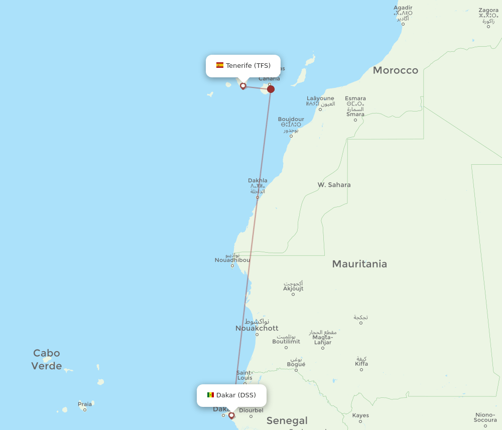 Tenerife - Dakar route map and flight paths