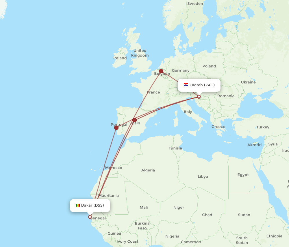 Zagreb - Dakar route map and flight paths