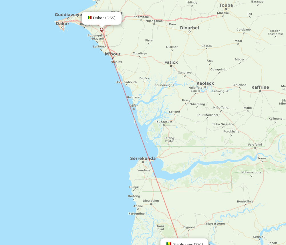 Dakar - Ziguinchor route map and flight paths