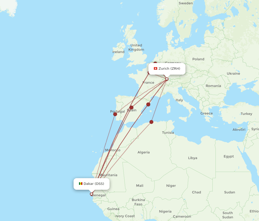 ZRH to DSS flights and routes map