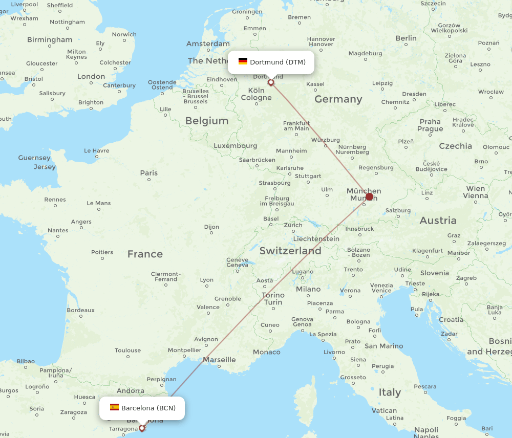 Barcelona - Dortmund route map and flight paths
