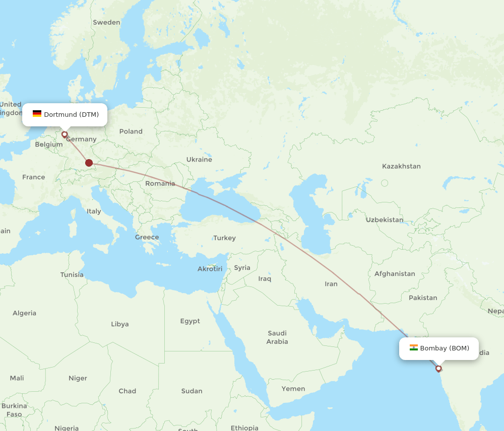 Dortmund - Mumbai route map and flight paths