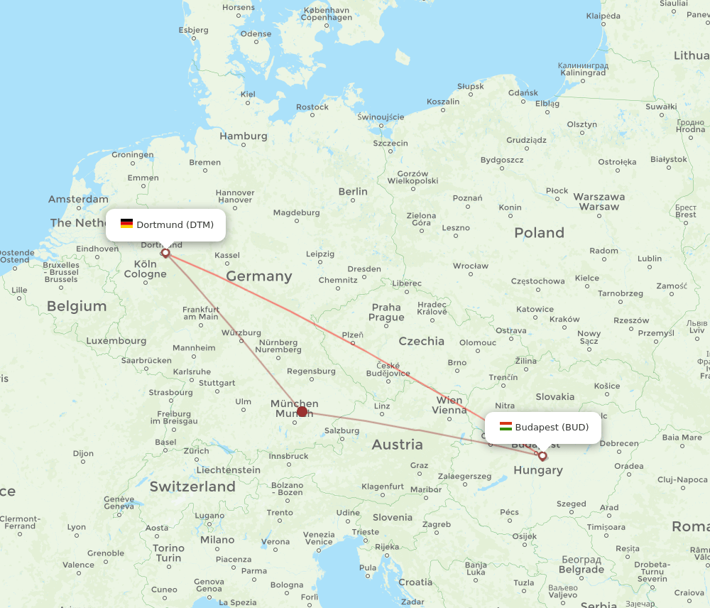 Dortmund - Budapest route map and flight paths