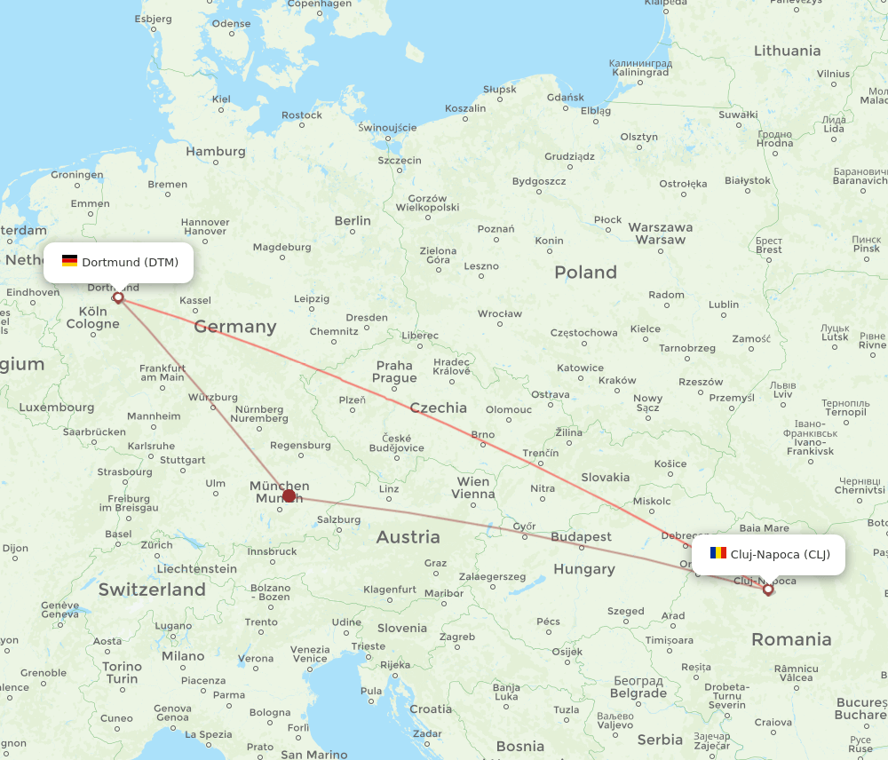 Dortmund - Cluj-Napoca route map and flight paths