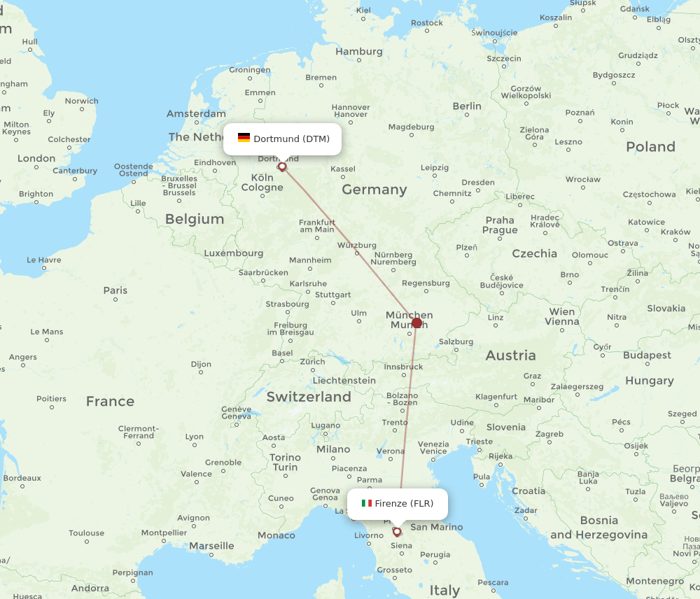 Dortmund - Florence route map and flight paths