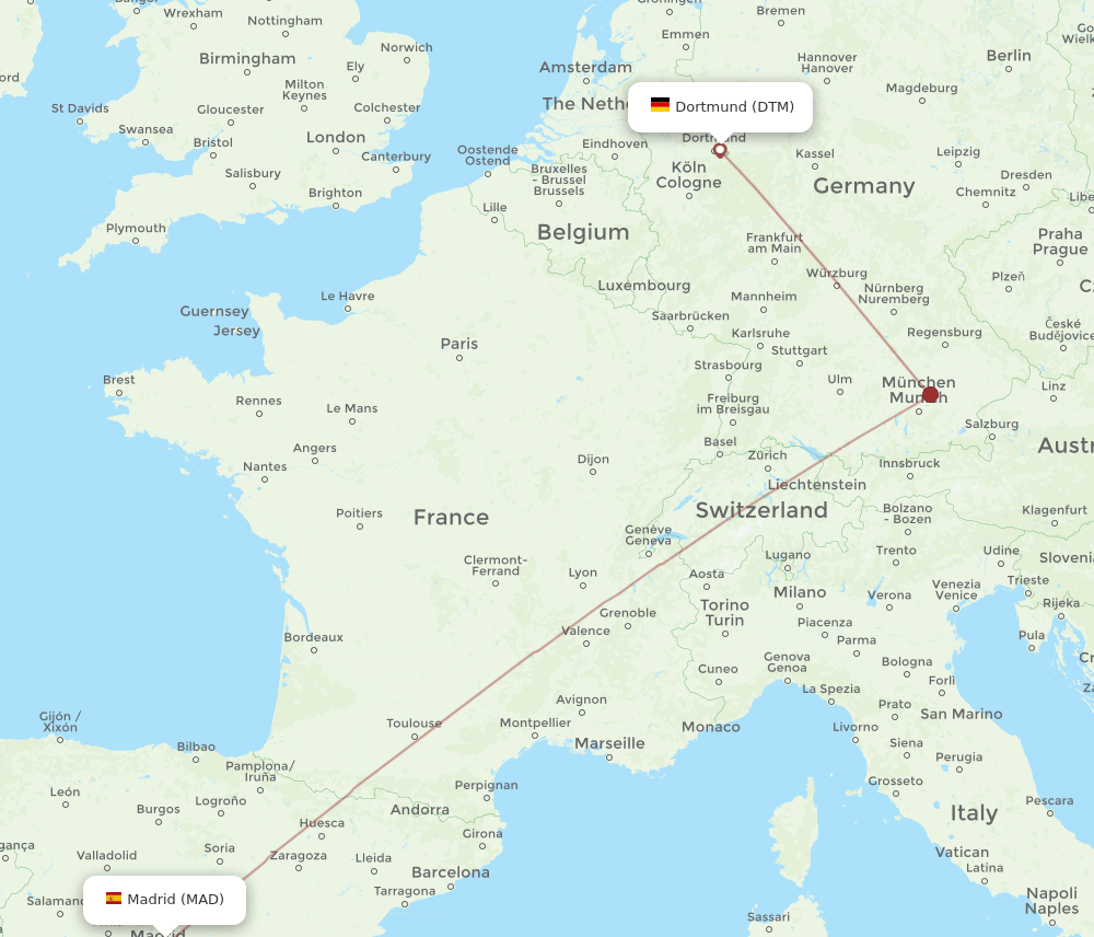 Dortmund - Madrid route map and flight paths