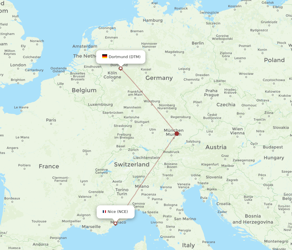 Dortmund - Nice route map and flight paths