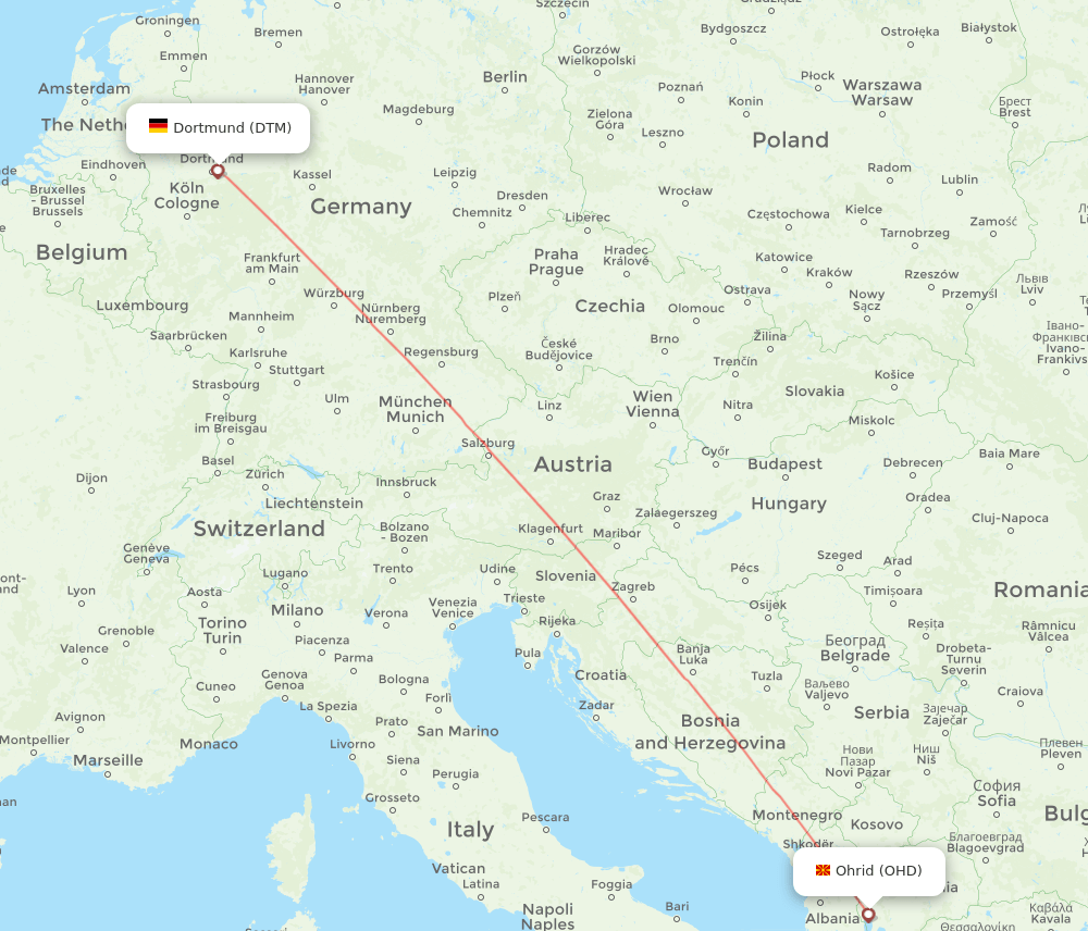 Dortmund - Ohrid route map and flight paths