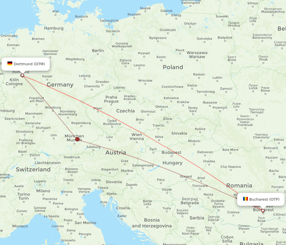 Dortmund - Bucharest route map and flight paths