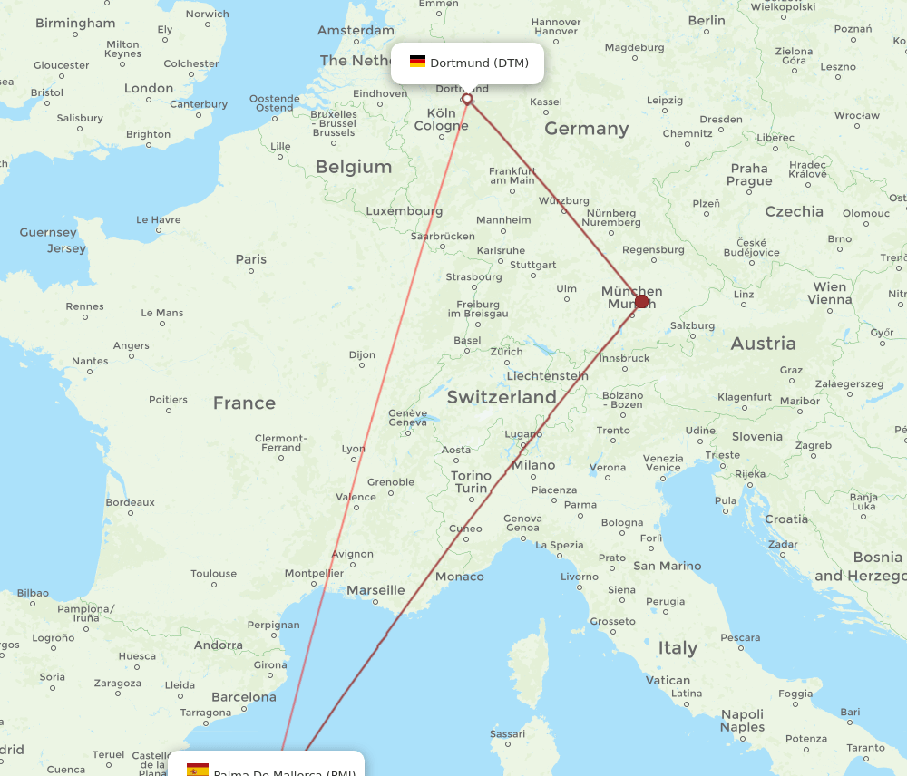 Dortmund - Palma de Mallorca route map and flight paths