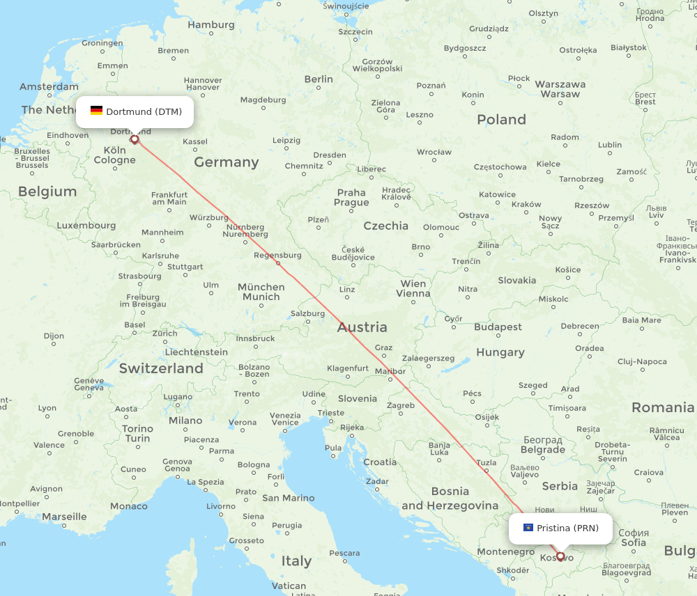 Dortmund - Pristina route map and flight paths