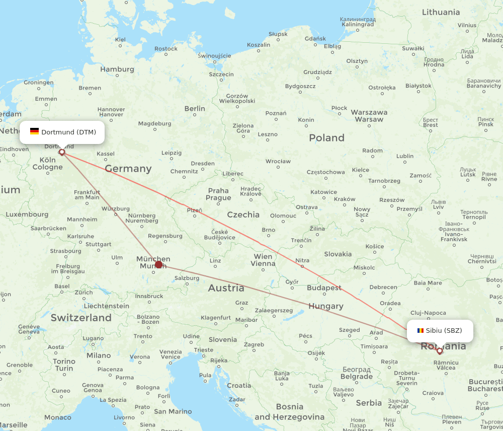 Dortmund - Sibiu route map and flight paths